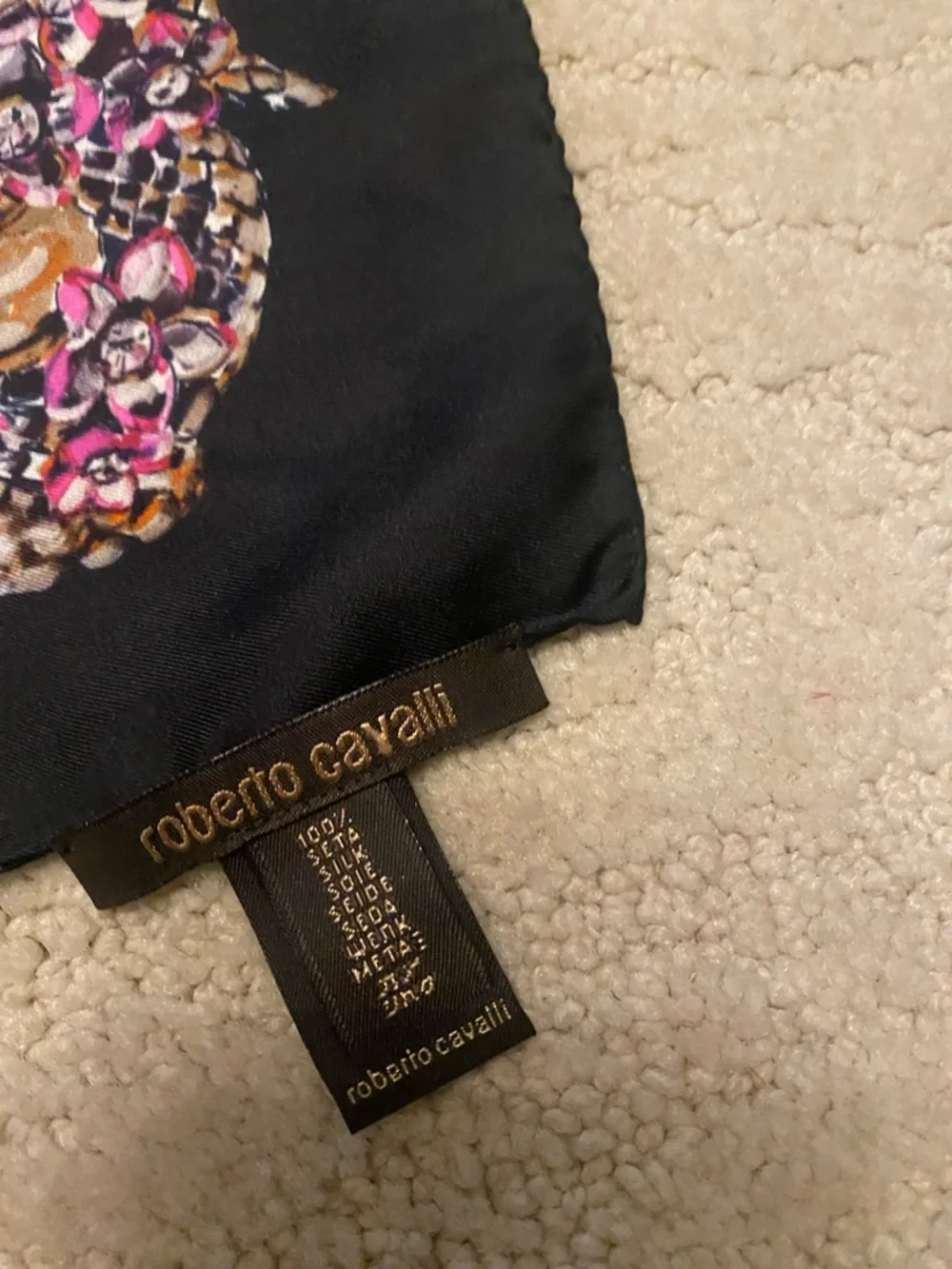 Roberto Cavalli Leopard & Chain Print Silk Scarf in Black and Brown